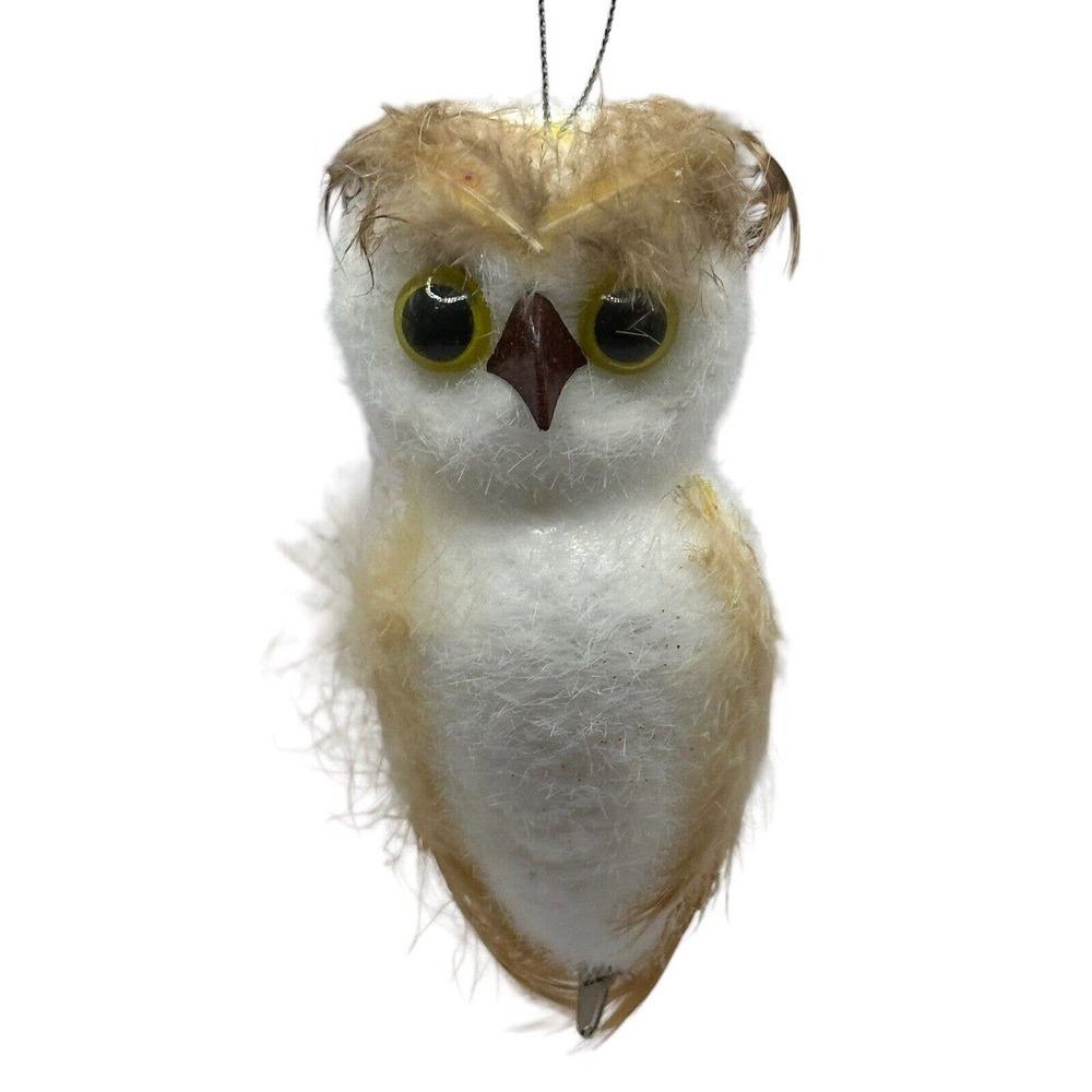 Vintage Flocked White Owl Christmas Ornament Real Feathers Clip-On Hang Bird